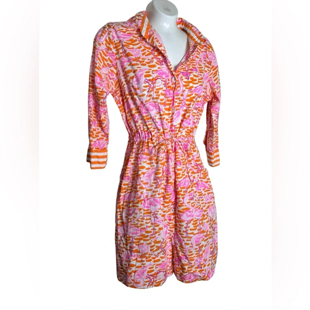 Gretchen Scott Flamingo Print Tie Waist Shirt Dress - Picture 3 of 10
